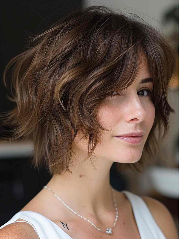 Real Hair Wigs Chin Length Layered Brown 10" Wavy Wigs