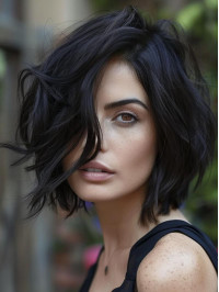 Real Hair Wigs Capless Layered Black 10" Wavy Wigs