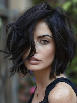 Real Hair Wigs Capless Layered Black 10" Wavy...