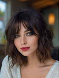 12" Monofilament Ombre/2 Tone With Bangs Human Hair Wavy Wigs
