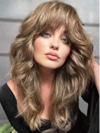 Long 16" Wavy Remy Human Hair With Bangs Lace Front Wigs