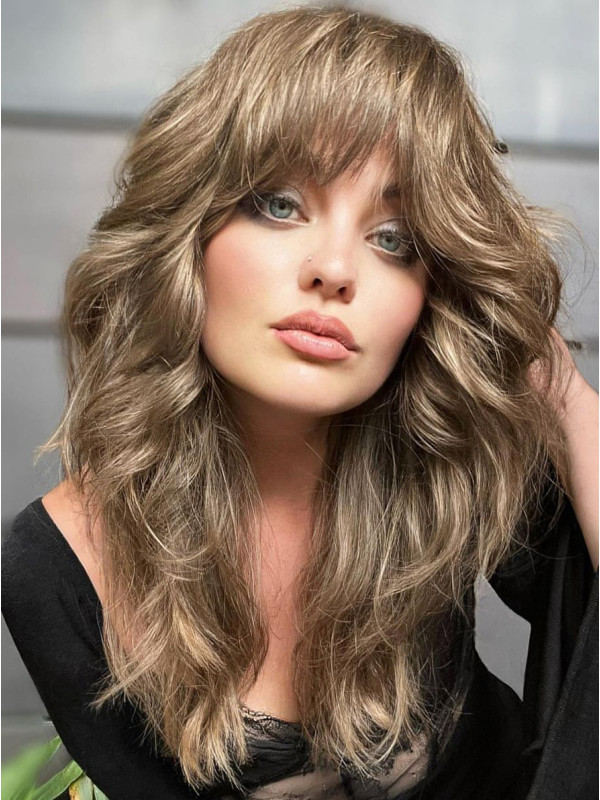 Long 16" Wavy Remy Human Hair With Bangs Lace Front Wigs