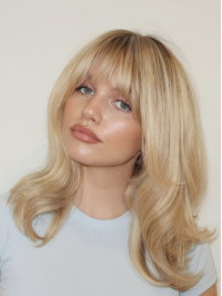 Medium Blonde Wig 14" Capless Remy Human Hair With Bangs Straight Wigs