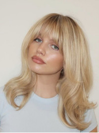 Medium Blonde Wig 14" Capless Remy Human Hair With Bangs Straight Wigs