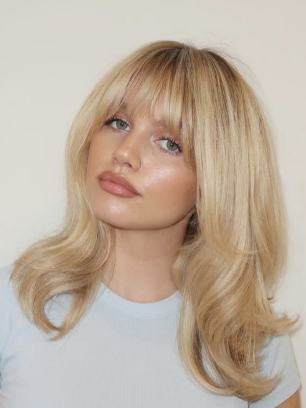 Medium Blonde Wig 14" Capless Remy Human Hair With Bangs Straight Wigs