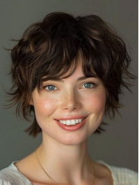 Lace Real Hair Wigs 10" Wavy Brown With Bangs Chin Length Wigs