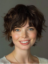 Lace Real Hair Wigs 10" Wavy Brown With Bangs Chin Length Wigs