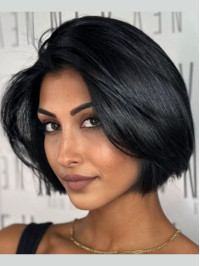 Black Bob Wig 10" Straight Lace Front Remy Human Hair Wigs