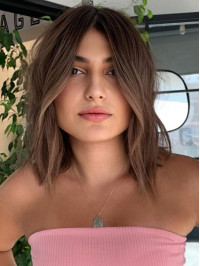 14" Without Bangs Brown Shoulder Length Capless Human Hair Wigs For Women