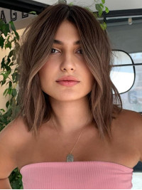 14" Without Bangs Brown Shoulder Length Capless Human Hair Wigs For Women