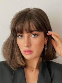14" With Bangs Remy Human Hair Brown Shoulder Length Straight Wigs