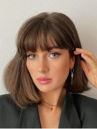 14" With Bangs Remy Human Hair Brown Shoulder Length Straight Wigs