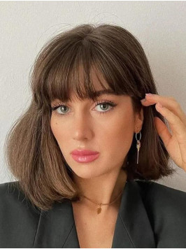 14" With Bangs Remy Human Hair Brown Shoulder...