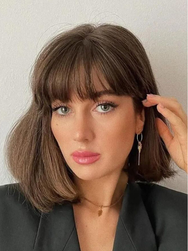 14" With Bangs Remy Human Hair Brown Shoulder Length Straight Wigs