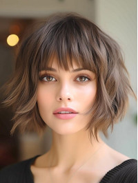 Lace Front Wig 10" Wavy With Bangs Chin Length Brown Wigs
