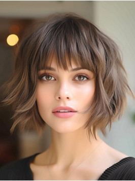 Lace Front Wig 10" Wavy With Bangs Chin Lengt...