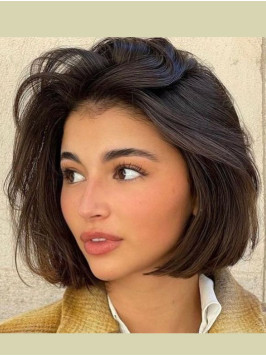 Brown Bob Wig Chin Length Remy Human Hair Monofila...