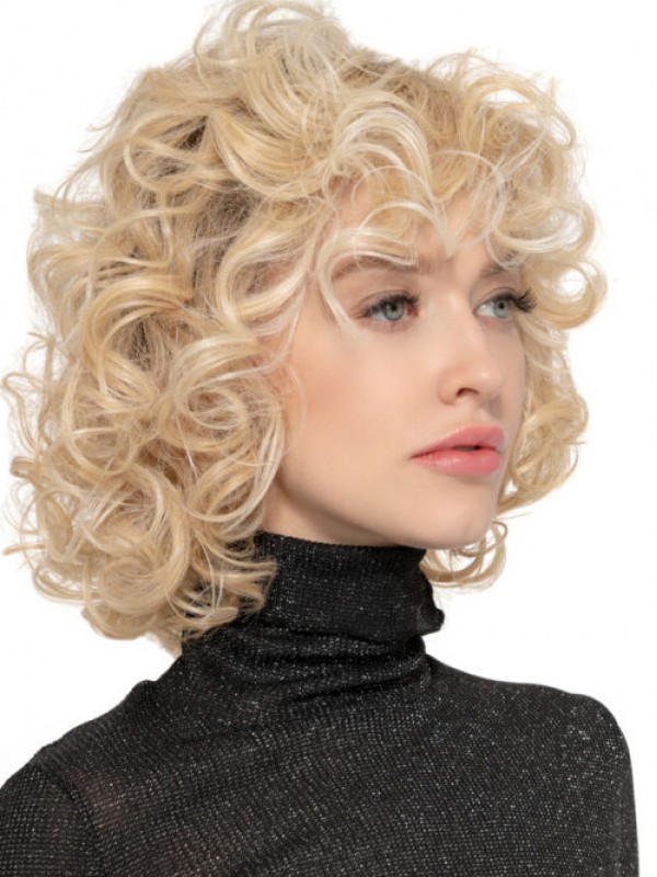 Shoulder Length Lace Front Blonde Synthetic Curly Wigs