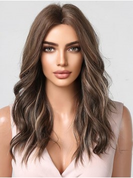 Long Brown With Highlights Wig Wavy Capless Synthe...