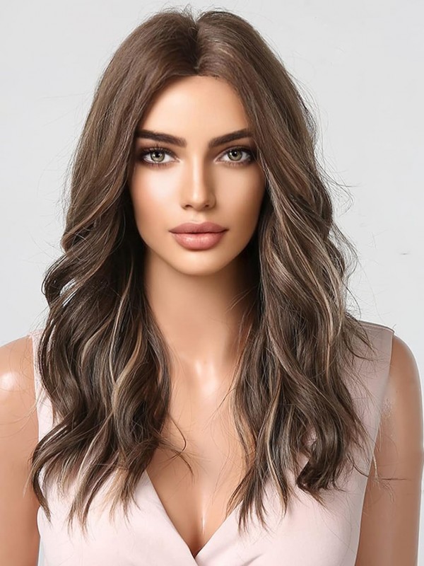 Long Brown With Highlights Wig Wavy Capless Synthetic Wigs For Daily