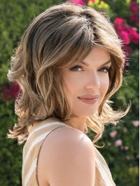 Fashionable Wavy Wigs Shoulder Length With Bangs Synthetic Wigs