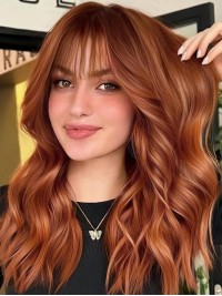 Auburn Wig With Bangs Long Wavy Capless Synthetic Wigs