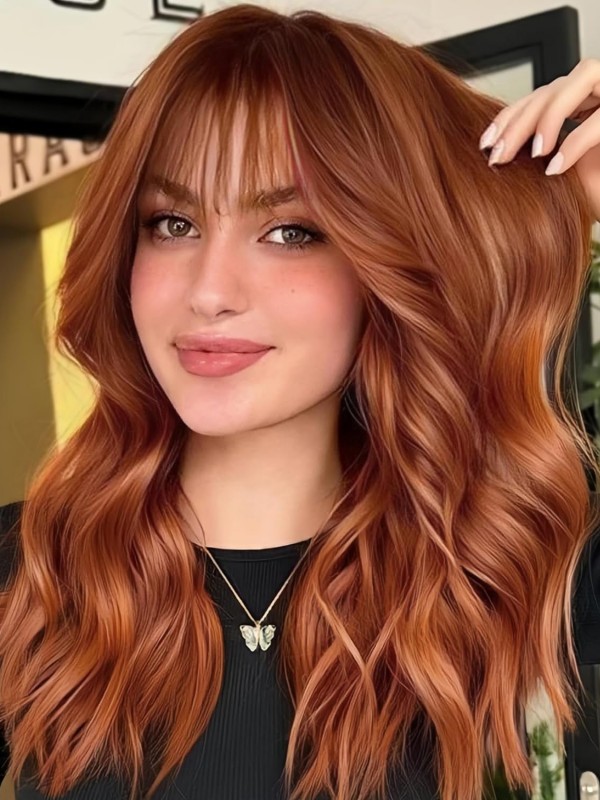 Auburn Wig With Bangs Long Wavy Capless Synthetic Wigs