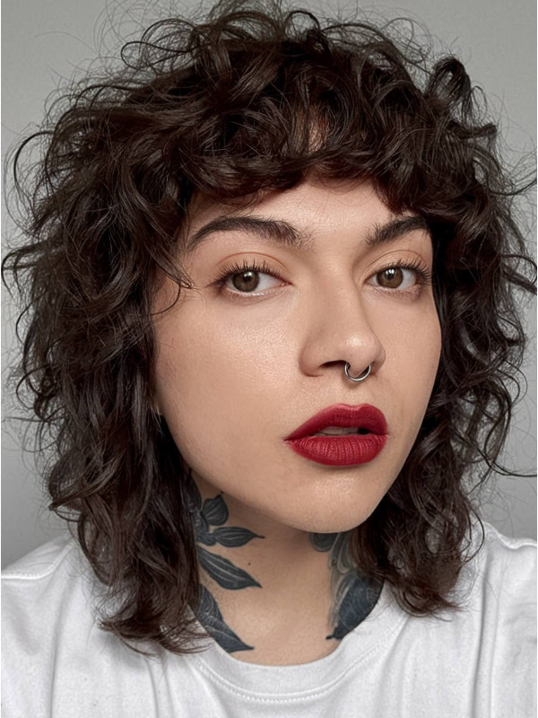 12" Black Synthetic With Bangs Chin Length Curly Wigs