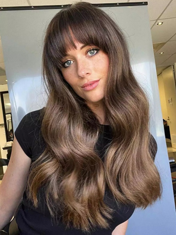 20" Lace Front Brown With Bangs Long Wigs For Women