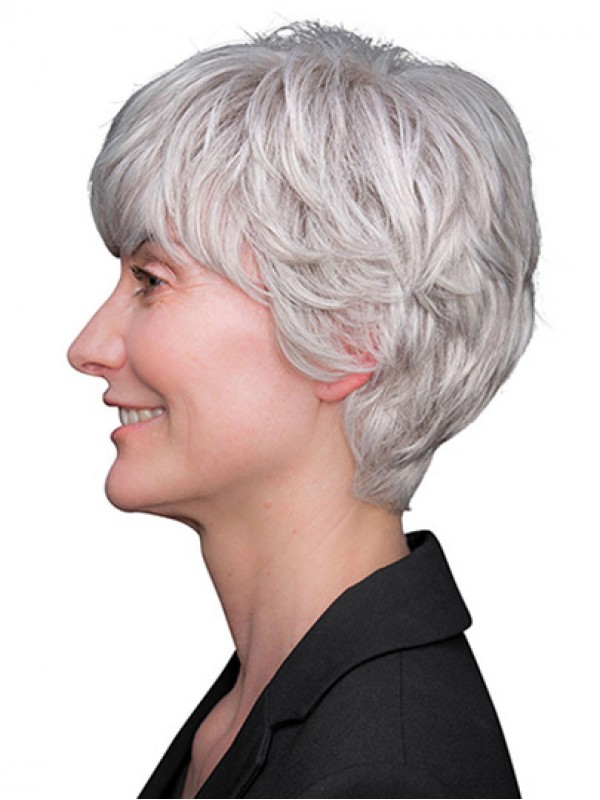 Short 8" 100% Hand-tied Grey Remy Human Hair Layered Wigs For Elderly Lady