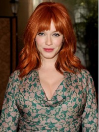 Capless Wavy With Bangs Shoulder Length 16" Beautiful Human Hair Christina Hendricks Wigs