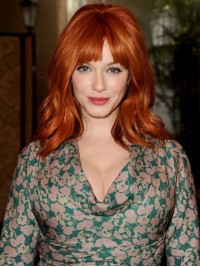 Capless Wavy With Bangs Shoulder Length 16" Beautiful Human Hair Christina Hendricks Wigs