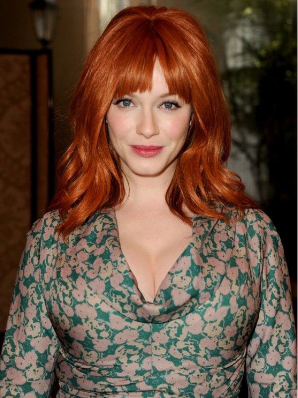 Capless Wavy With Bangs Shoulder Length 16" Beautiful Human Hair Christina Hendricks Wigs