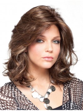 Fashionable Brown Curly Shoulder Length Classic Wi...