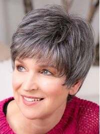Short 8" Capless Grey Synthetic With Bangs Good Quality Elderly Women Wigs