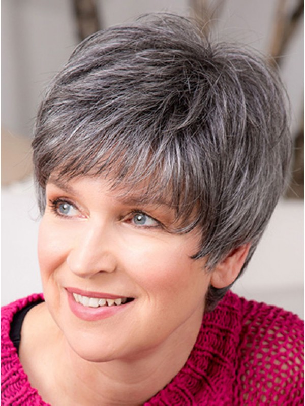 Short 8" Capless Grey Synthetic With Bangs Good Quality Elderly Women Wigs