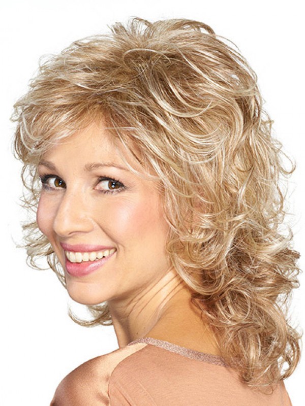 Shoulder Length Capless Platinum Blonde Curly 14" Synthetic Medium Length Wigs