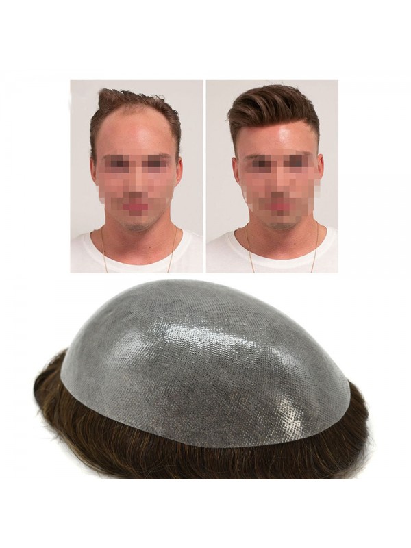 PU Mens Toupee Full Poly Mens Wigs Hair System 0.12mm Toupee for Men