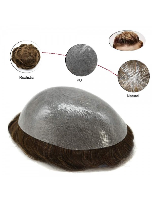 PU Mens Toupee Full Poly Mens Wigs Hair System 0.12mm Toupee for Men