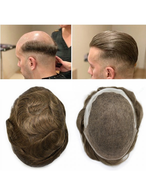 Men's Toupee Hair Replacement Swiss Lace Front Transparent Clear Poly Skin at Back and Sides Hair Wigs