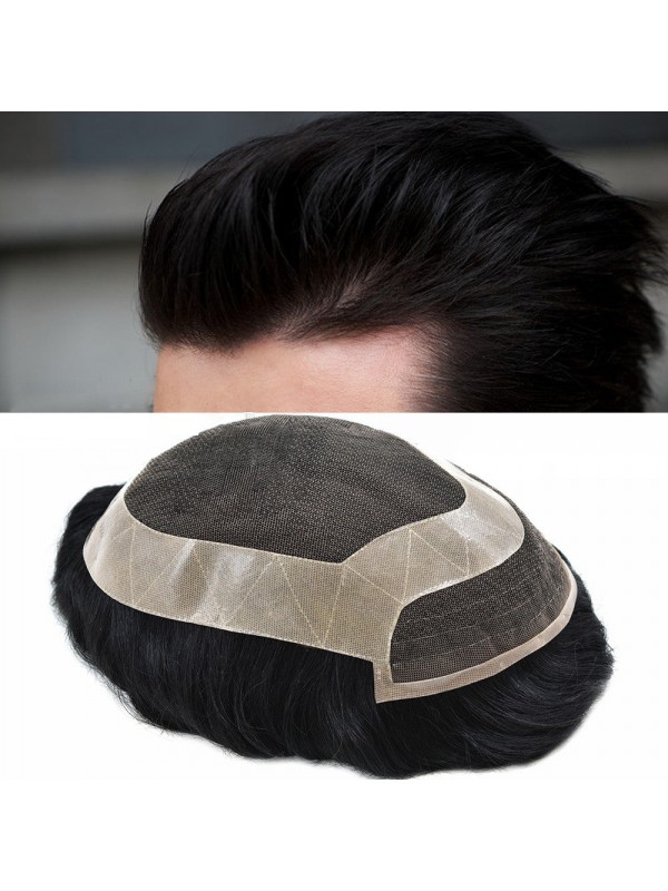 French Lace Men's Hair System Durable Tape Attached PU Around Perimeter Men's Hairpiece