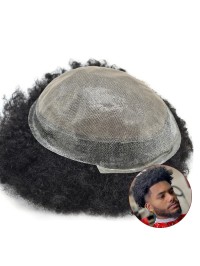 Afro Men's Toupee Lace Clear Skin PU Hair Replacement System for Black Men