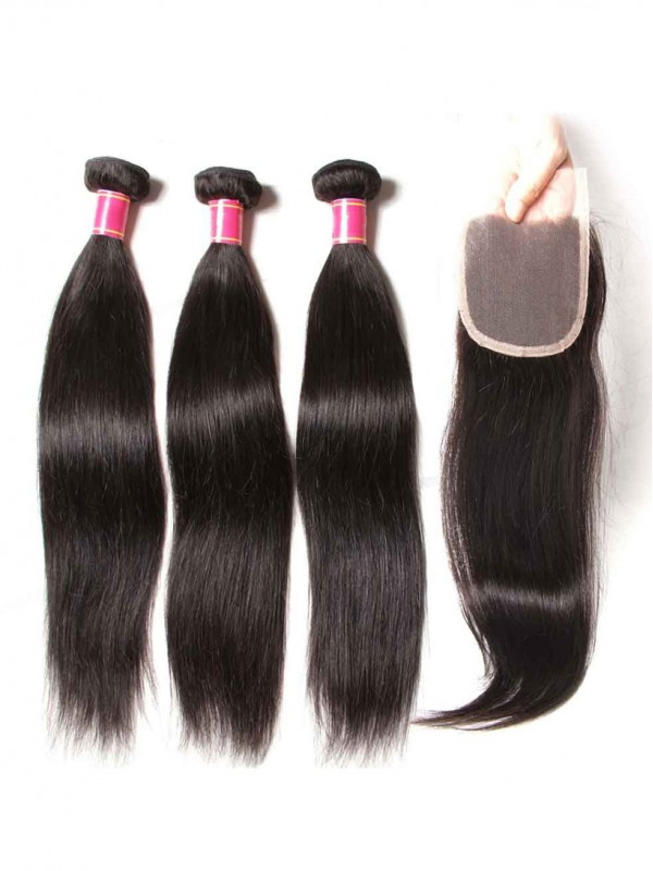 Straight Virgin Hair Weave 3 Bundles With Lace Closure Soft Unprocessed Virgin Human Hair