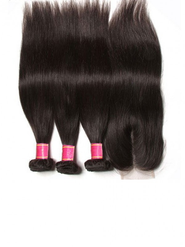 Straight Virgin Hair Weave 3 Bundles With Lace Closure Soft Unprocessed Virgin Human Hair