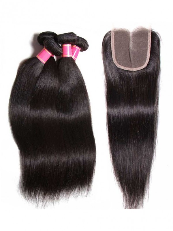 Straight Virgin Hair Weave 3 Bundles With Lace Closure Soft Unprocessed Virgin Human Hair
