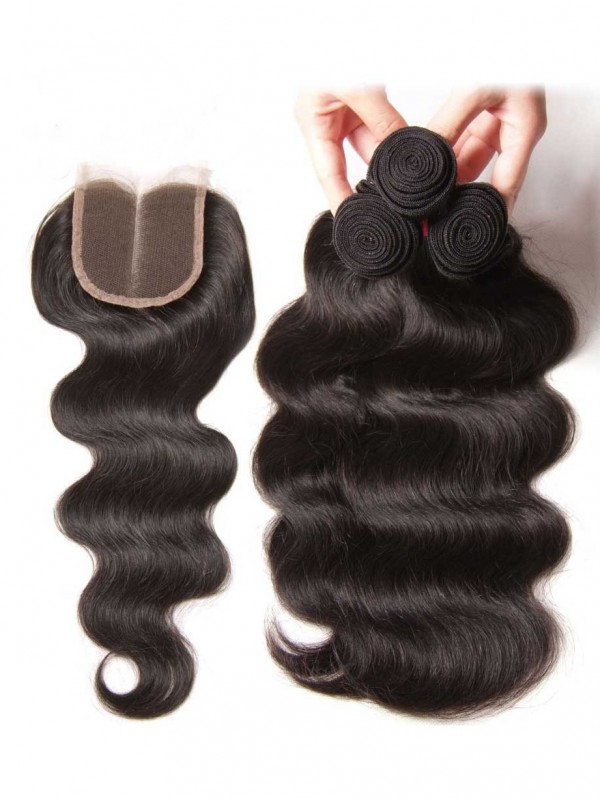 Virgin Human Hair Weave Body Wave Hair 3 Bundles With Lace Frontal Closure