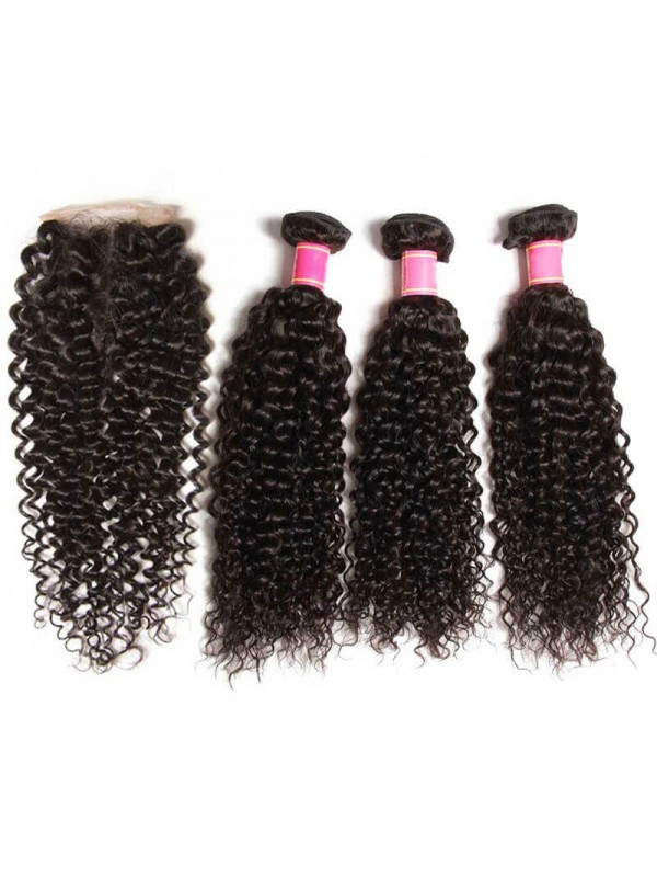 Curly Virgin Hair Weave 3 Bundles With Lace Closure 4x4 Unprocessed Human Hair Extensions