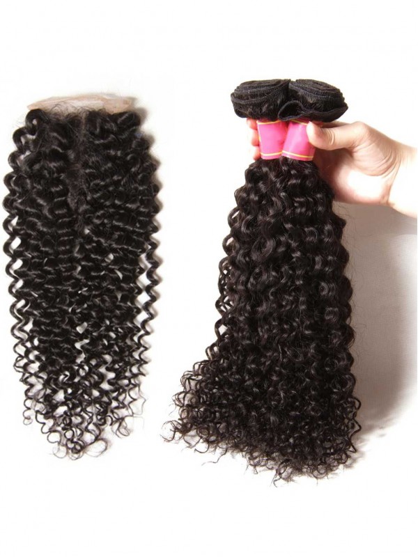 Curly Virgin Hair Weave 3 Bundles With Lace Closure 4x4 Unprocessed Human Hair Extensions