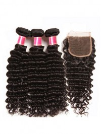 Deep Wave Virgin Hair Weave 3 Bundles With Lace Closure Soft Unprocessed Virgin Human Hair