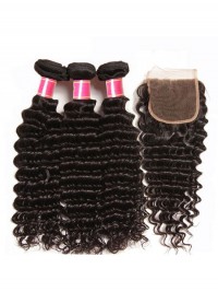 Deep Wave Virgin Hair Weave 3 Bundles With Lace Closure Soft Unprocessed Virgin Human Hair